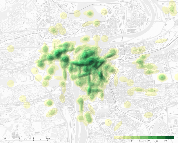 Abb.3: 3D Effekte: Schattierte Oberflaeche der Schauplatzdichte am Beispiel analysierter Daten der Modellregion Prag