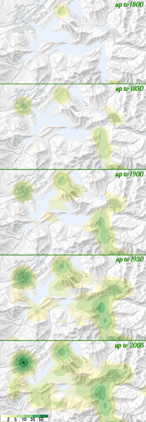 Fig. 2: Map series of the fictionalisation of the Lake Lucerne model region.